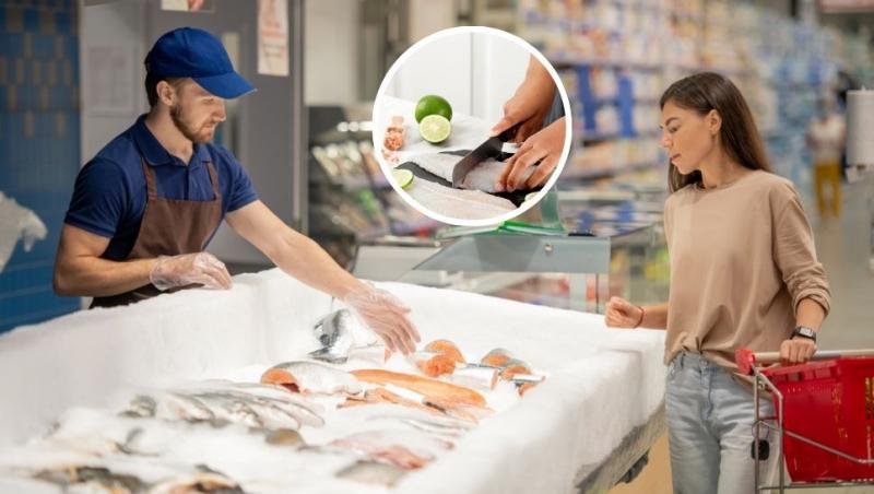 colaj tânără care se află în fața unui stand cu pește din supermarket, chf care prepară un pește pangasius