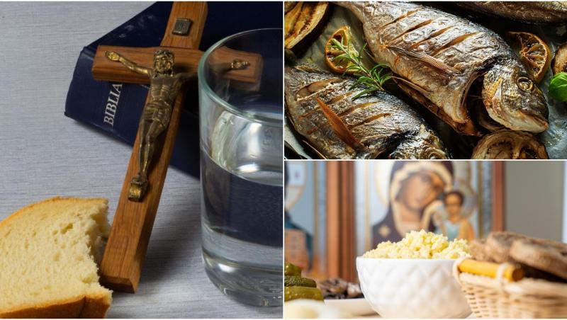 colaj foto cu peste gatit, biblia și o cruce