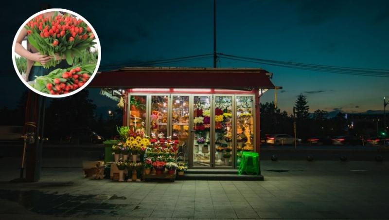 colaj florărie pe stradă și florăreasă care face buchete de lalele