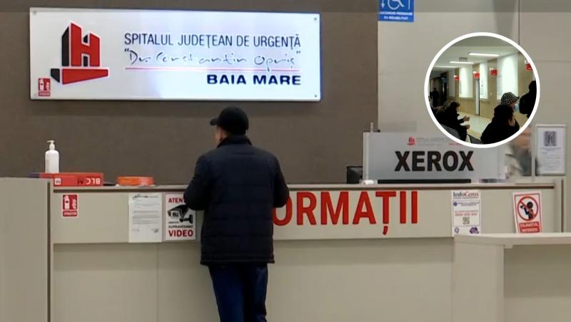 Oameni care stau la coadă la un spital din Baia Mare