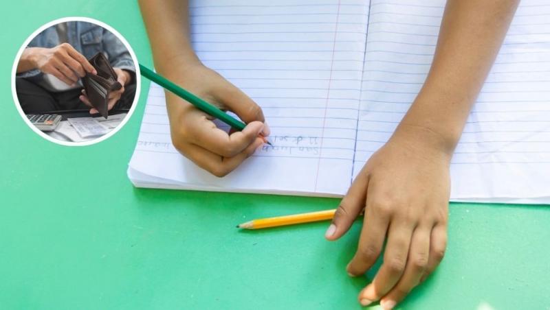 colaj copil care scrie cu creionul pe un caiet dictando și bărbat care verifică portofelul pentru cheltuieli