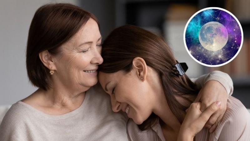 colaj mamă și fiică îmbrățișate și luna înconjurată de semne zodiacale