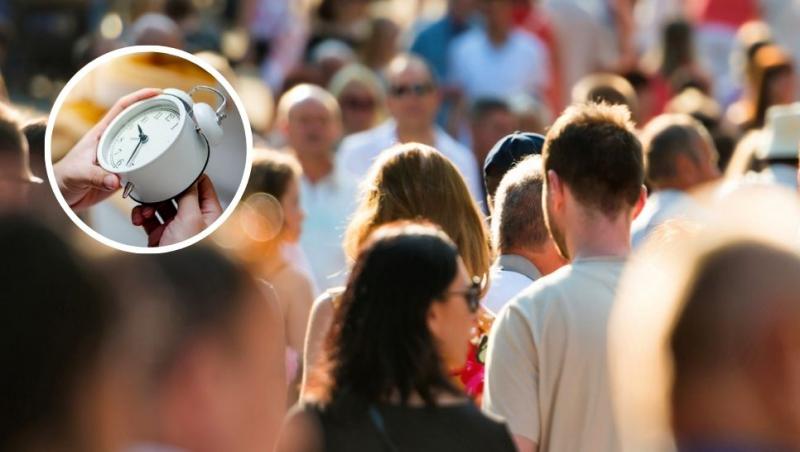 colaj mulțime de oameni și mâini care potrivesc un ceas