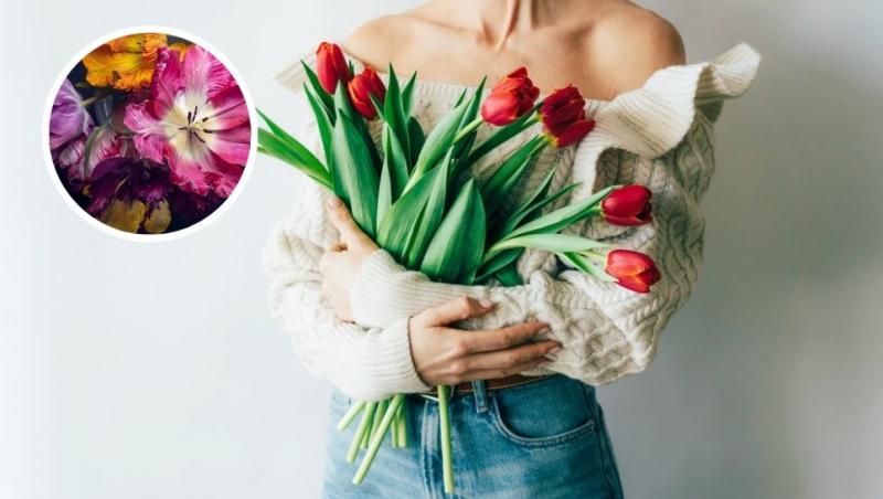 colaj tânără cu un buchet de lalele roșii la piept și lalele colorate