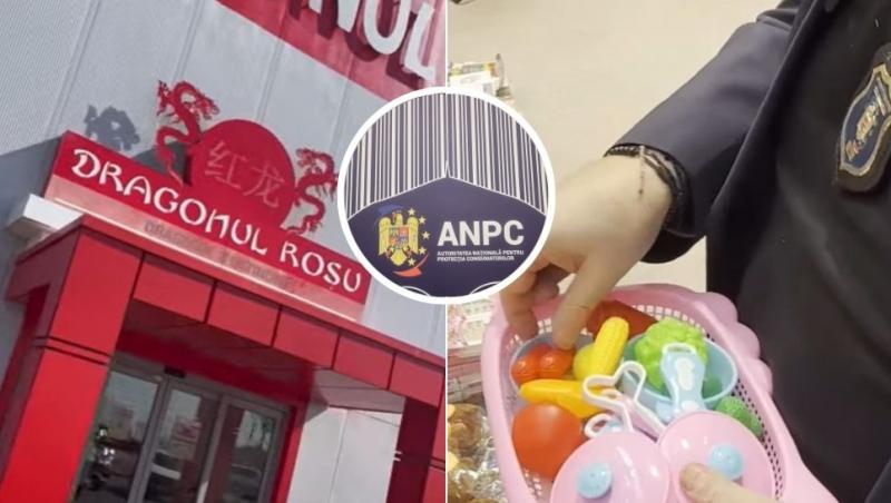colaj fațadă dragonul roșu, anpc, inspector anpc cu un coș cu jucării în dragonul roșu