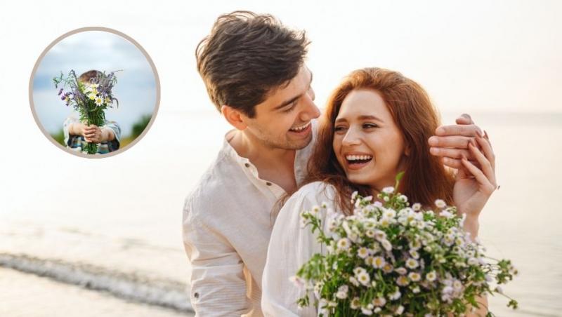 colaj tânăr care își surprinde partenera cu un buchet de flori pe plajă și copil care dăruiește un buchet de flori de câmp