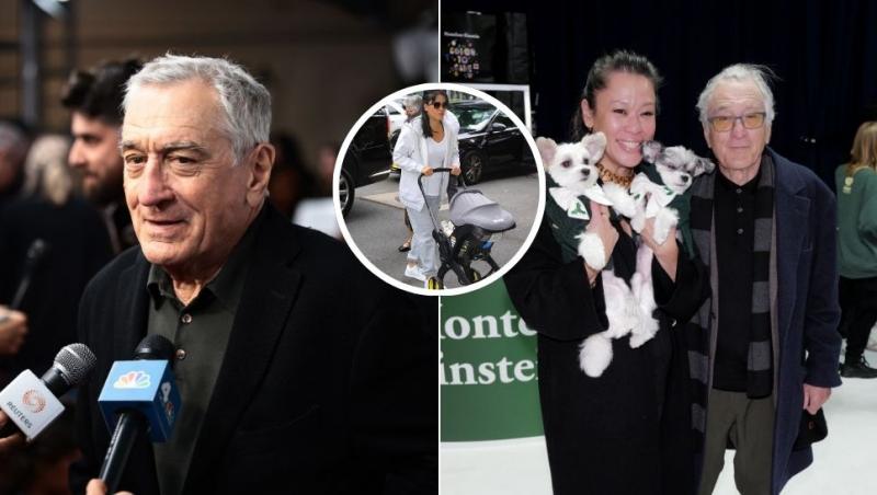 colaj robert de niro, robert de niro și Tiffany Chen cu doi câini în brațe, Tiffany Chen cu gia în căruț