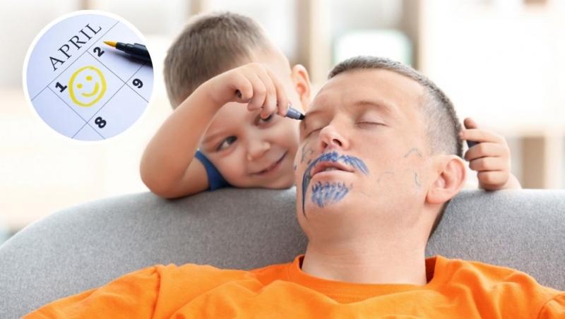 copil care îl pictează pe tatăl care doarme pe canapea și calendar cu un desen zâmbăreț pe data de 1 aprilie
