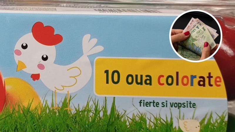 O caserolă cu ouă vopsite care are un imprimeu cu un pui alb