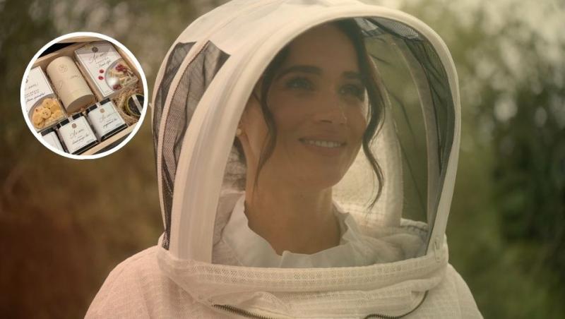 colaj meghan markle în costum de apicultor și coș cu produse de la brandul as ever