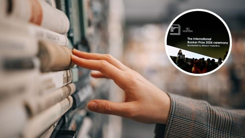 colaj mână care caută o carte pe raftul unei biblioteci, ceremonie premiul international booker din 2024
