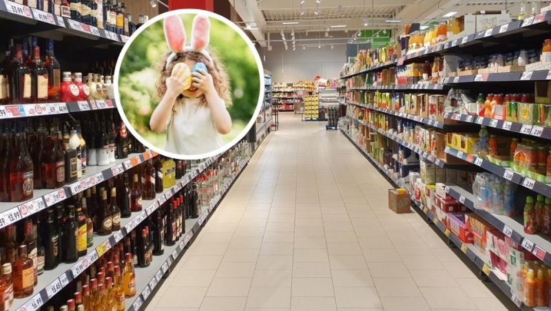 colaj culoar magazin și fetiță cu urechi de iepure care își pune în dreptul ochilor două ouă