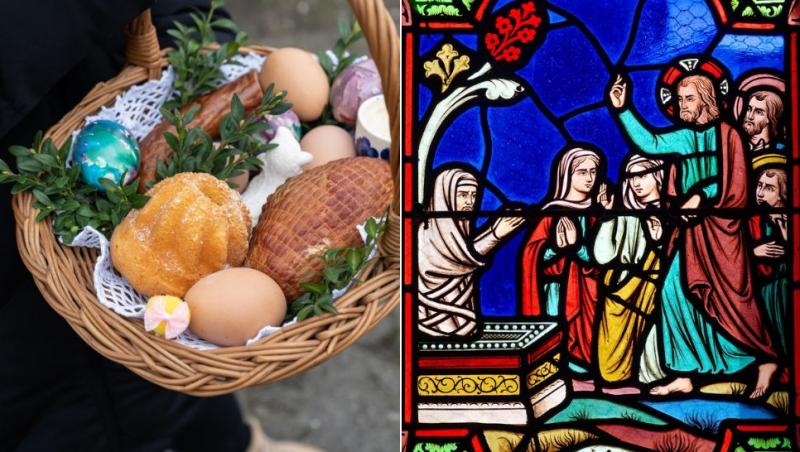 colaj coș cu alimente de pomana și vitraliu cu învierea lui lazăr