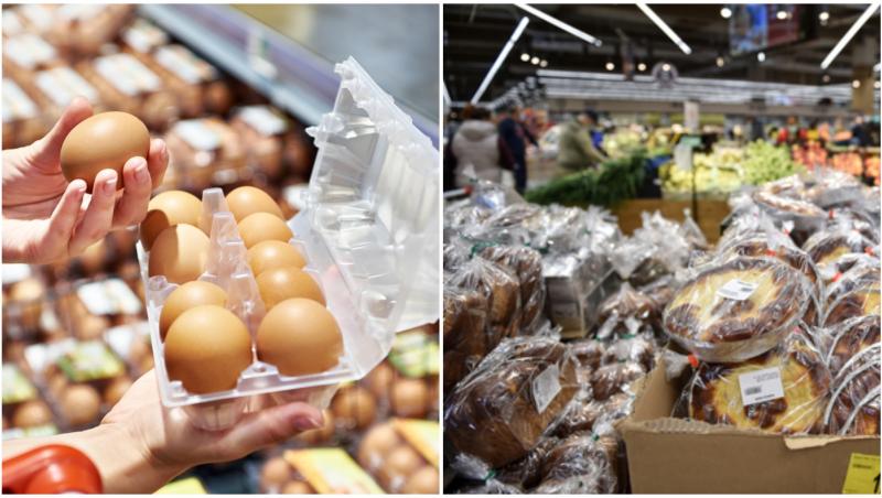 Un cofrag cu ouă și un raft plin de cozonaci și pască