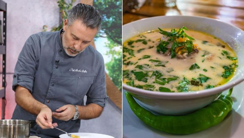 colaj chef alexandru sautner și farfurie cu ciorbă de bureți de miel