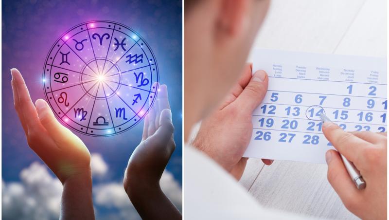 colaj foto cu cerc cu cele 12 zodii si un barbat cu calendar