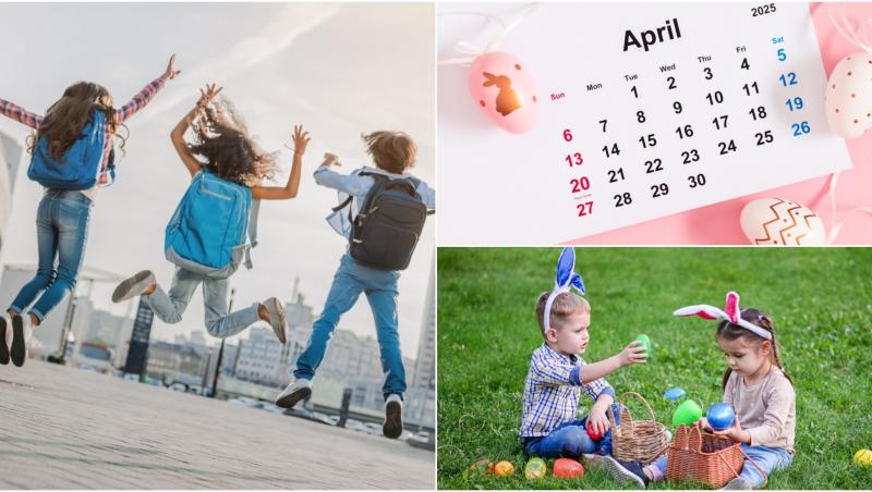 colaj foto copii la scoala si calendar vacanta paste