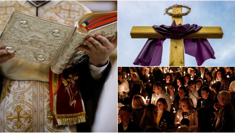 colaj foto preot in biserica si enoriasi cu lumanari aprinse
