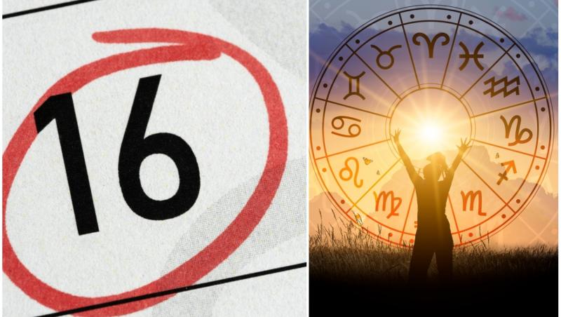 colaj foto cu cifra 16 si poza cu cercul cu cele 12 zodii si silueta unui om