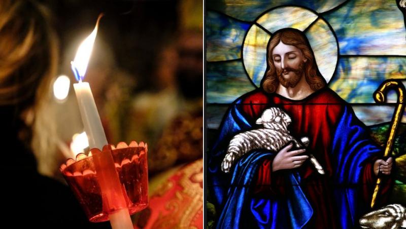 colaj lumânări aprinse la slujbă, icoană vitraliu cu iisus hristos ținând un miel