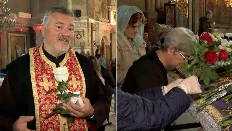 colaj preot cu un trandafir alb în mână și femei care se închină în fața epitafului pus pe o masă plină de flori