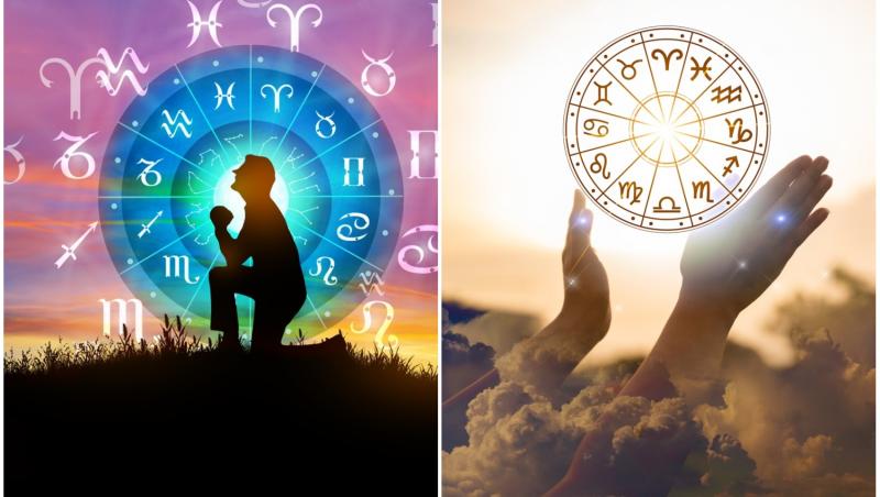 colaj foto cu barbat rugandu-se la cer si poza cu maini spre cer si cercul celor 12 zodii