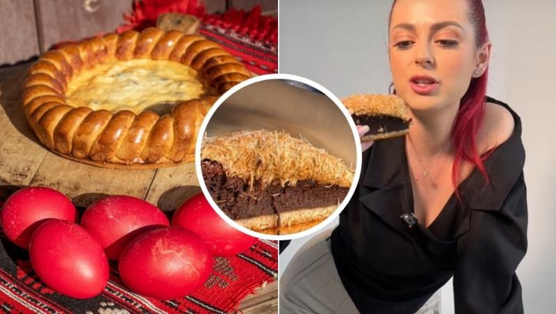 colaj pască lângă ouă roșii, femeie care mănâncă dintr-o bucată de pască dubai și pască dubai tăiată