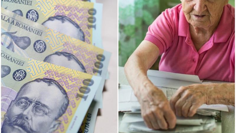 colaj foto cu lei romanesti si poza unei pensionare