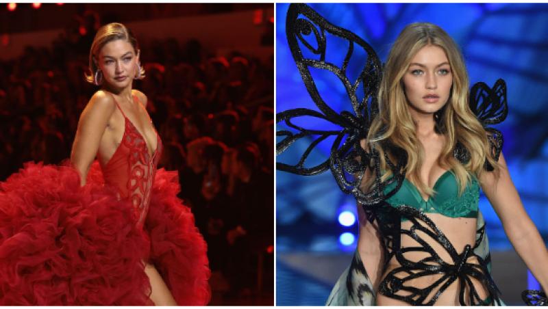 Colaj cu Gigi Hadid în două ipostaze diferite pe podium