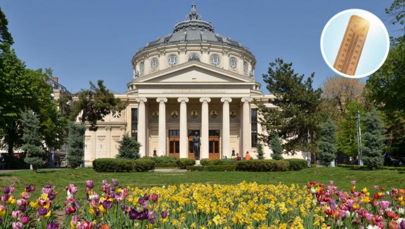 Sala de concerte a Ateneului Român, reper al capitalei României și sediul Filarmonicii „George Enescu” într-o frumoasă zi însorită de primăvară