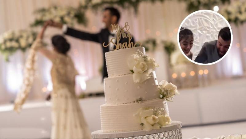 colaj tort de nuntă cu mire și mireasă dansând în fundal și mire și mireasă tăind un tort