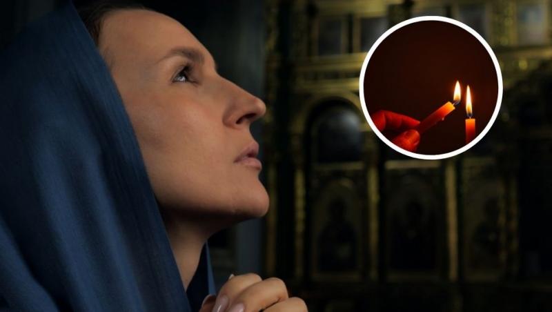 colaj femeie care se roagă în biserică și mână care aprinde o lumânare de la o altă lumânare