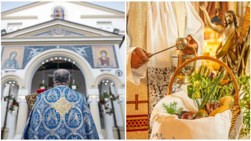 Colaj cu preoți la biserică și preparate într-un coș