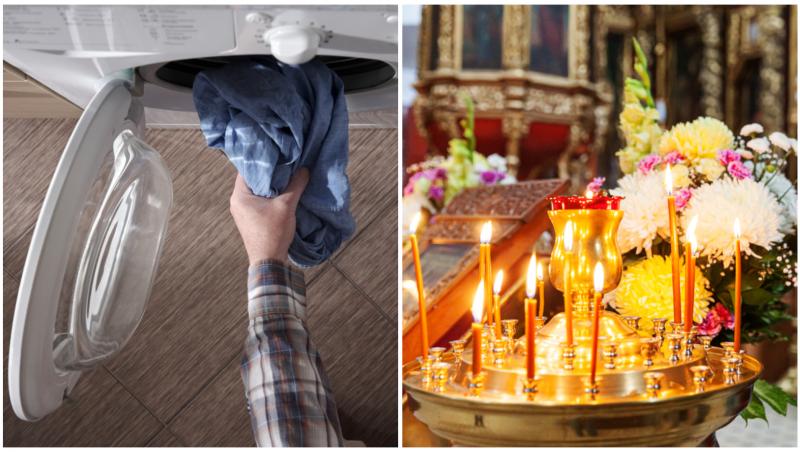 Colaj cu mașină de spălat și lumânări în biserică