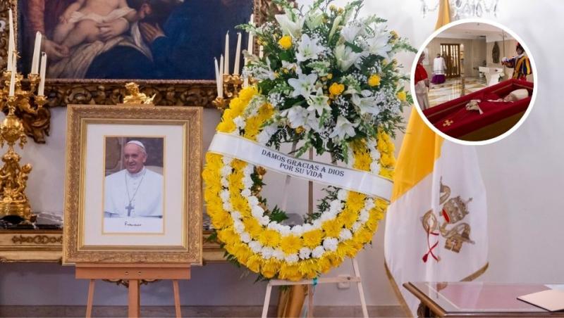coroană de flori și portret papa francisc și papa în sicriu