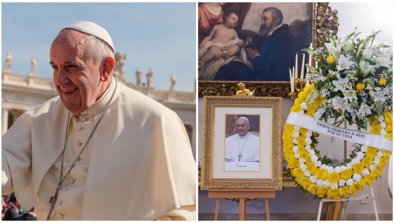 Colaj cu Papa Francisc și o poză de-a lui alături de o coroană din flori galbene