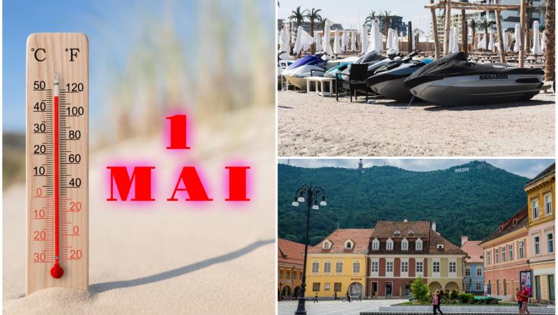 colaj foto cu termometru si data de 1 mai, poza cu skijet la mare si poza cu piata sfatului din brasov
