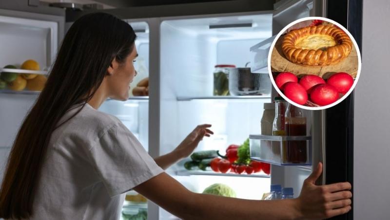 colaj femeie care se uită în frigider și pască lângă ouă roșii