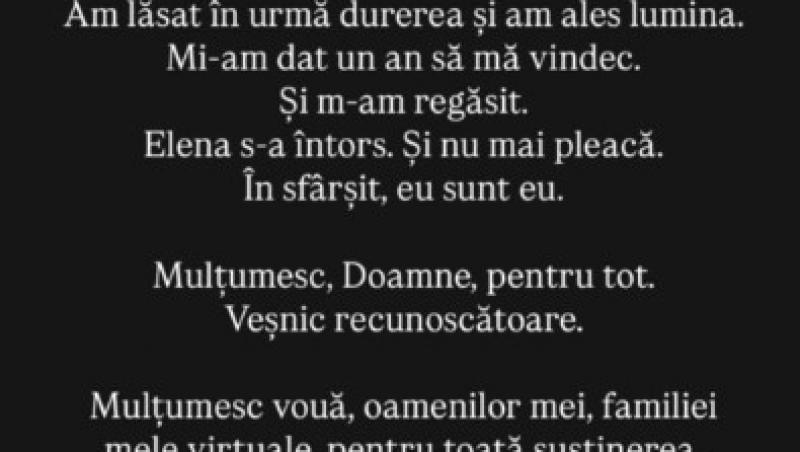Mesajul neașteptat transmis de Elena Vîșcu la un an de la divorțul de CRBL. 