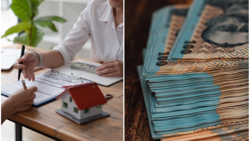 colaj foto cu o femeie la banca ce scrie si calculeaza un credit si poza cu bani