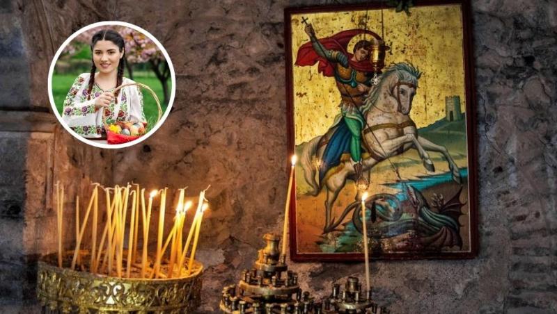 colaj icoană sfântul gheorghe lângă lumânări și tânără în port popular cu un coș de ouă înroșite