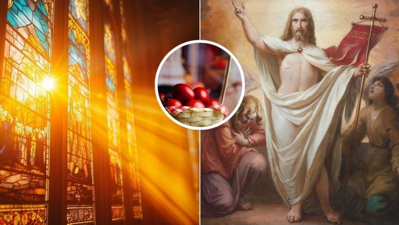 colaj lumină care pică prin vitralii, iisus înviat alături de îngeri și ouă roșii în biserică