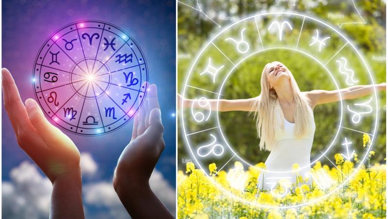 colaj foto cu cerc cu 12 zodii si poza cu o femeie in lan de flori si cerc de zodii