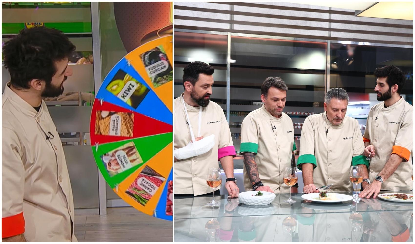 colaj foto cu chef richard abou zaki la roata ingredientelor si poza cu juratii chefi la cutite sezonul 15