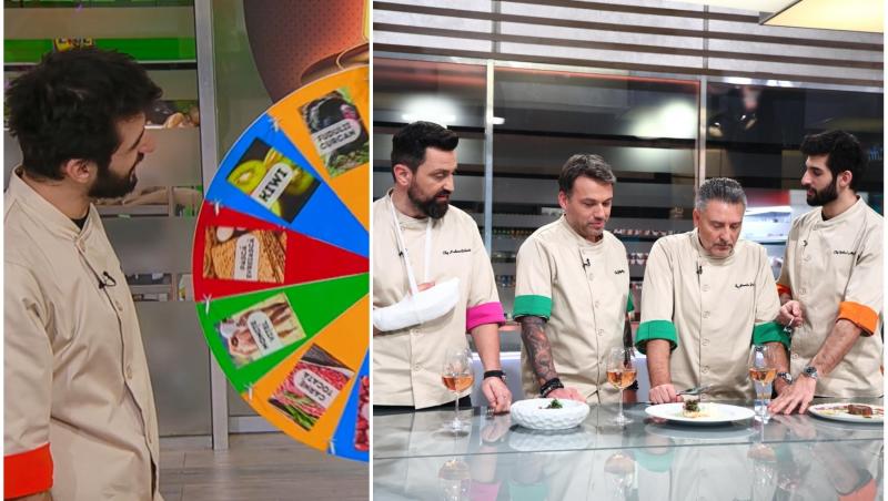 colaj foto cu chef richard abou zaki la roata ingredientelor si poza cu juratii chefi la cutite sezonul 15