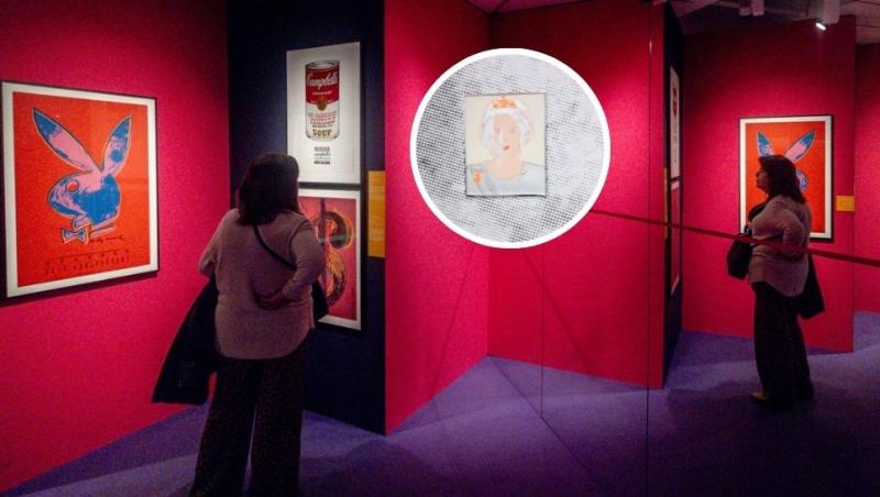 colaj vizitatori la expoziția Andy Warhol din spania și portretul prințesei beatrix de Andy Warhol
