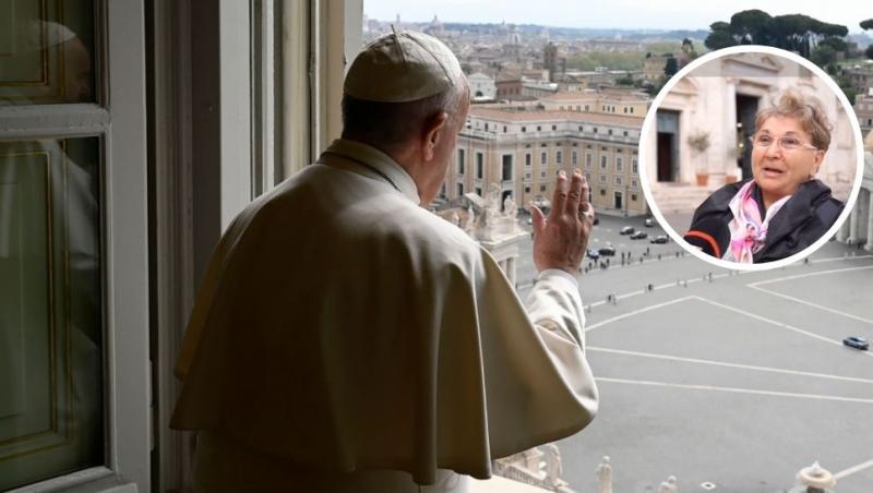 colaj papa francisc făcând cu mâna și margareta, românca din italia care a stat la coadă pentru un ultim omagiu