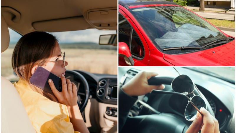 colaj foto cu femeie la volanul unei masina si poza cu ochelari de soare si parasolar