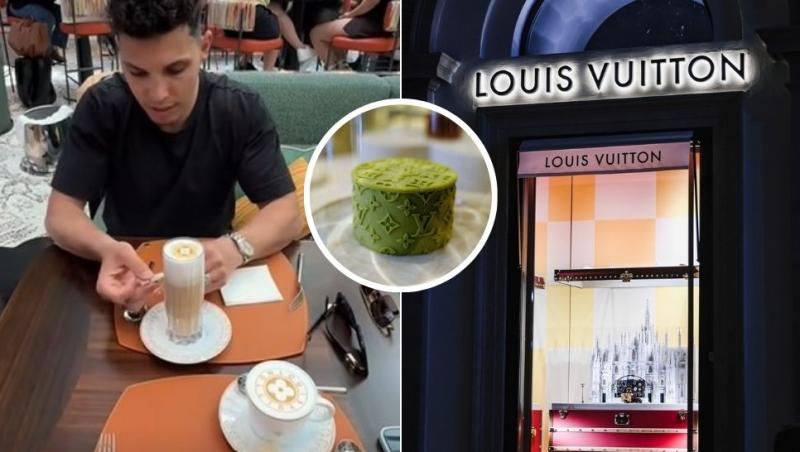 colaj intrare cafenea louis vuitton milano, tânăr care consumă la cafenea și tiramisu louis vuitton verde