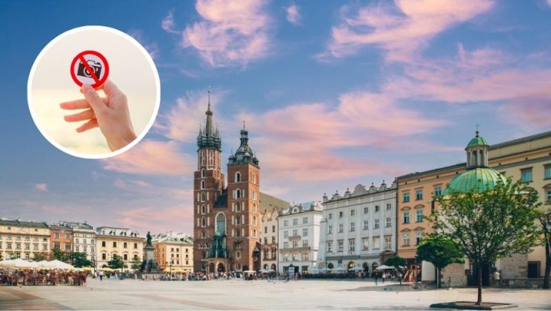 colaj clădiri din cracovia și o mână care ține un semn de fotografiere interzisă